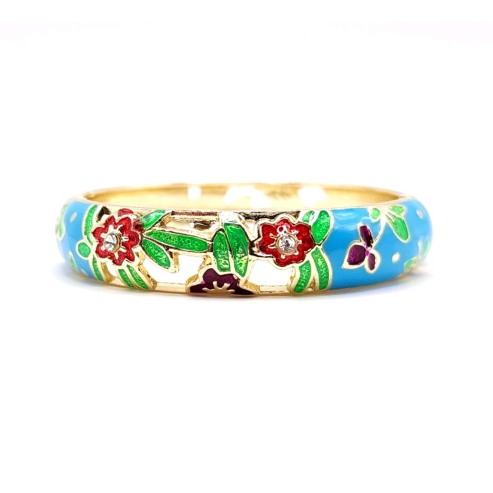 Floral Enamel Hinge Bangle Gold Tone